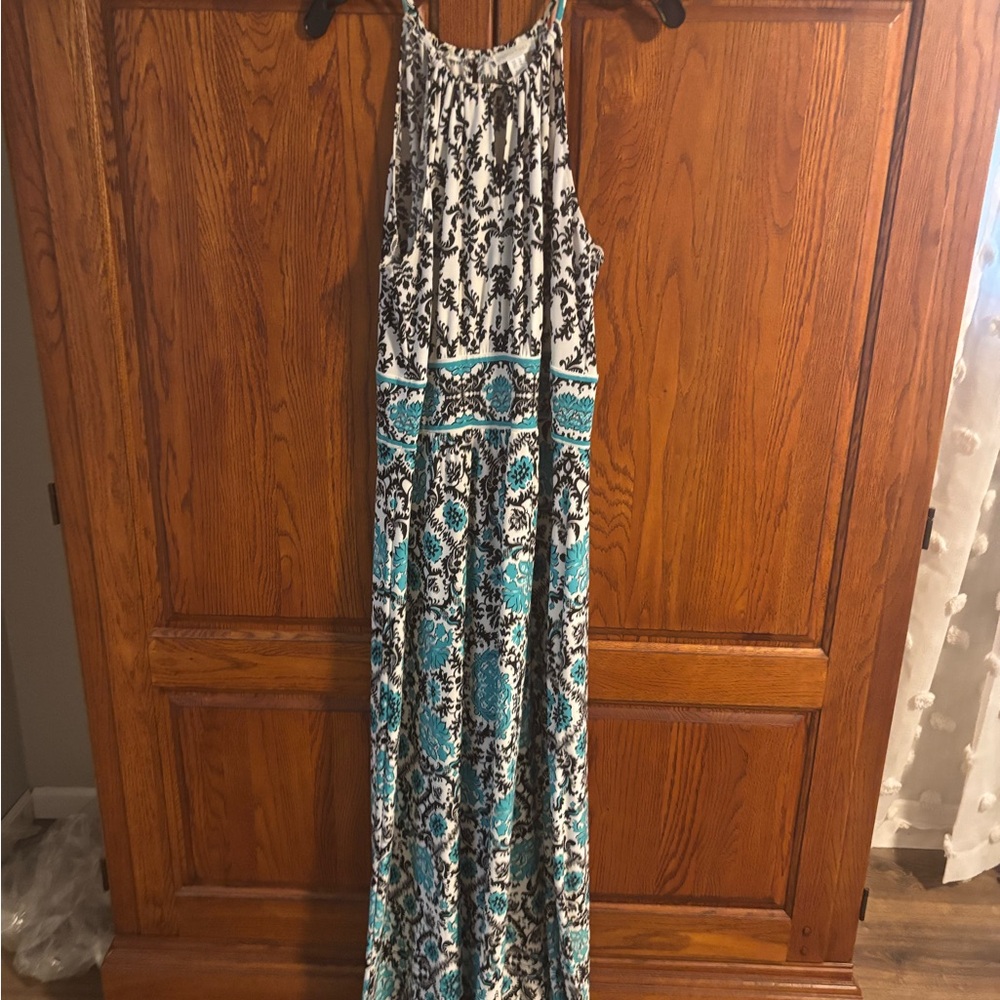 London Times Teal, Black and White Patterned Halter Maxi Dress